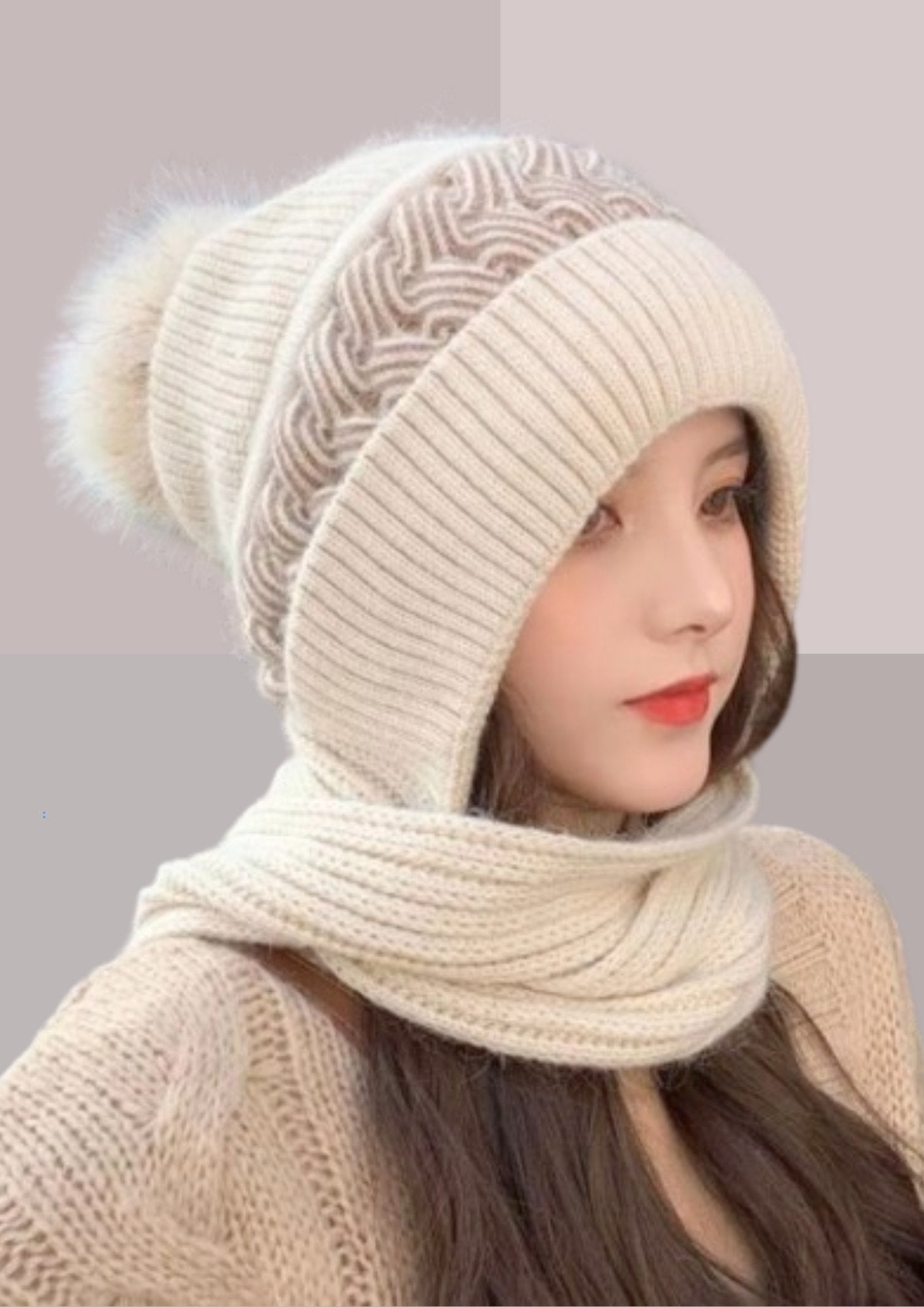 Bonnet avec écharpe intégrée beige | Cap-Chapeau
