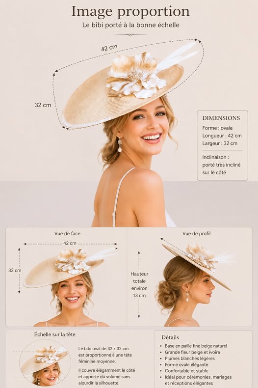 Création artisanale destinée aux cérémonies, cette capeline associe une base ovale en fibres naturelles à une fleur raffinée et un ruban élégant. Son volume offre une présence distinguée sans excès | Cap-Chapeau