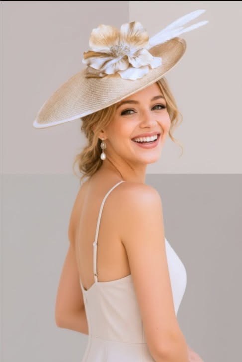Vue de trois quarts d'une grande capeline de mariage de style romantique. Sa composition florale aux teintes crème et champagne s'harmonise avec la base en paille naturelle pour une allure lumineuse.  | Cap-Chapeau