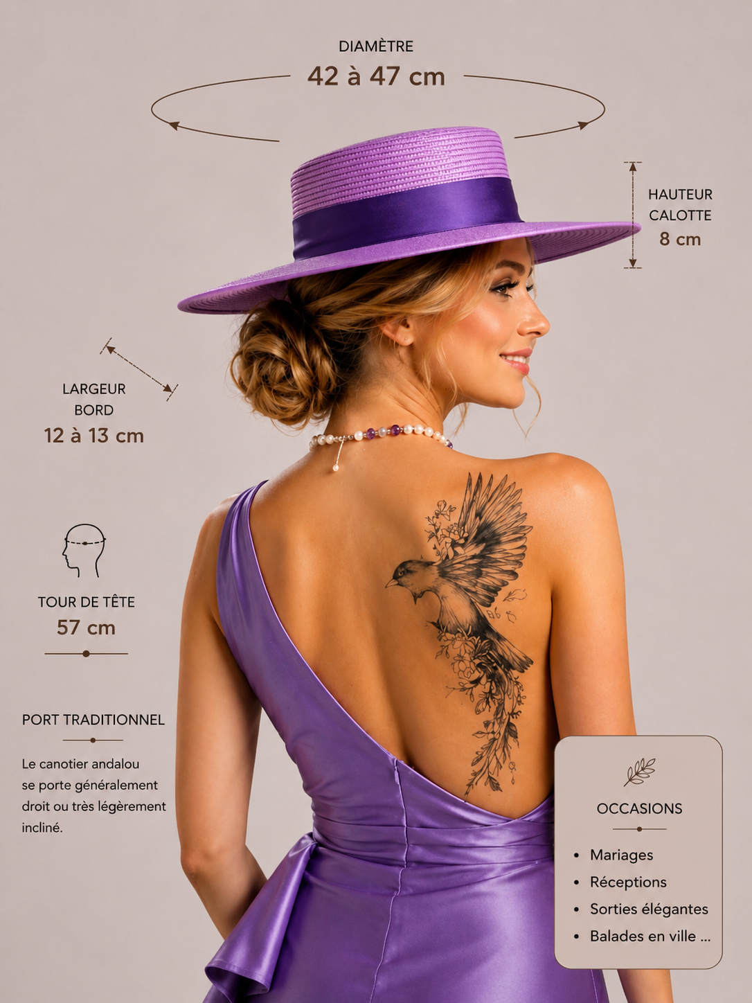 Infographie des proportions du chapeau andalou mauve avec dimensions, diamètre, largeur du bord et hauteur de calotte | CapChapeau