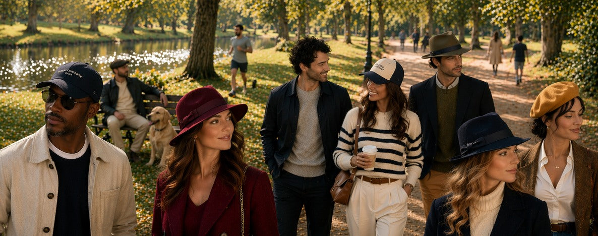 Groupe de personnes dans un parc avec chapeaux différents comme casquettes, fedoras, béret ou cloche.. sur la tête ou pas.  