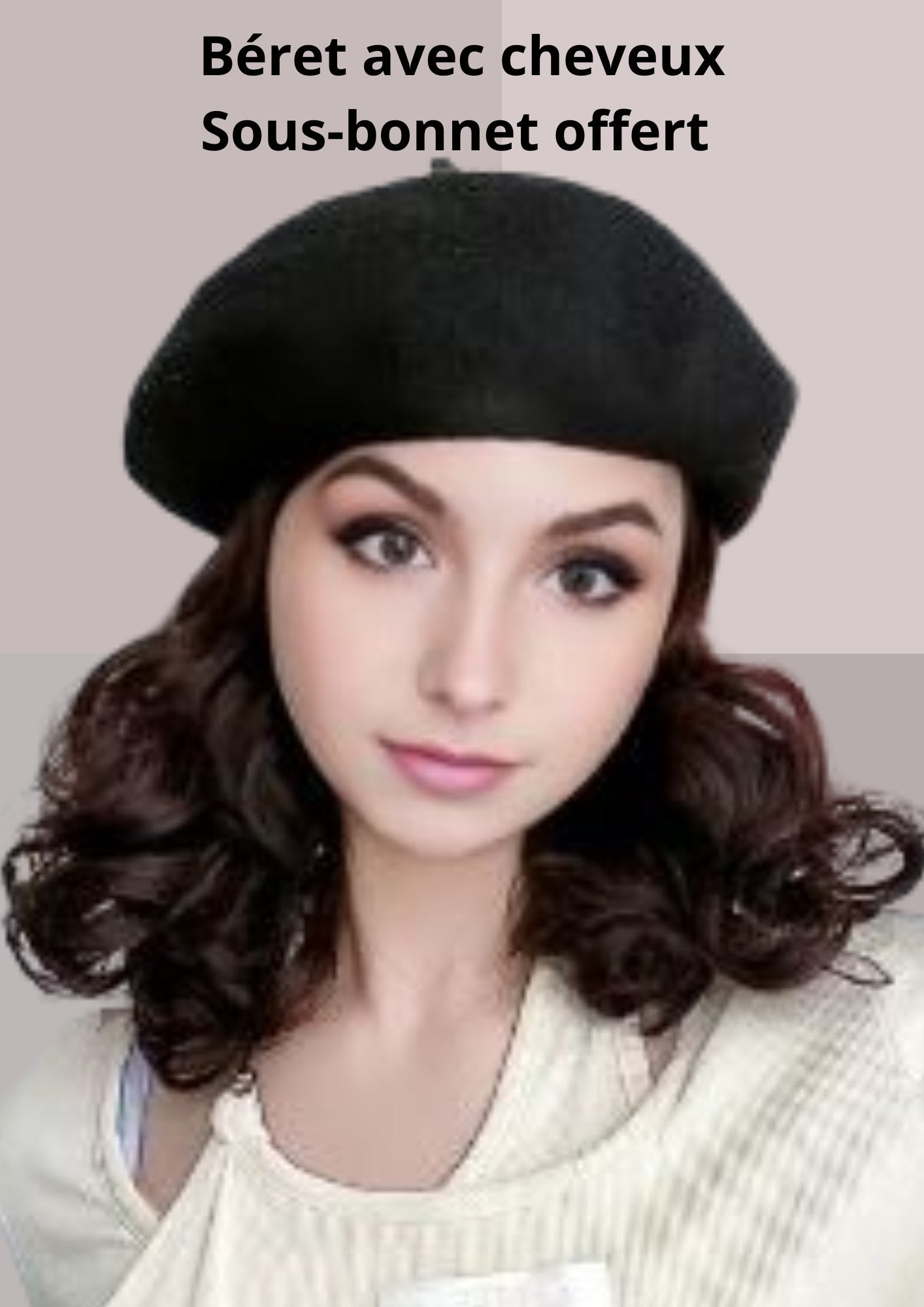 Beret laine avec cheveux - noir | Cap-Perruque|