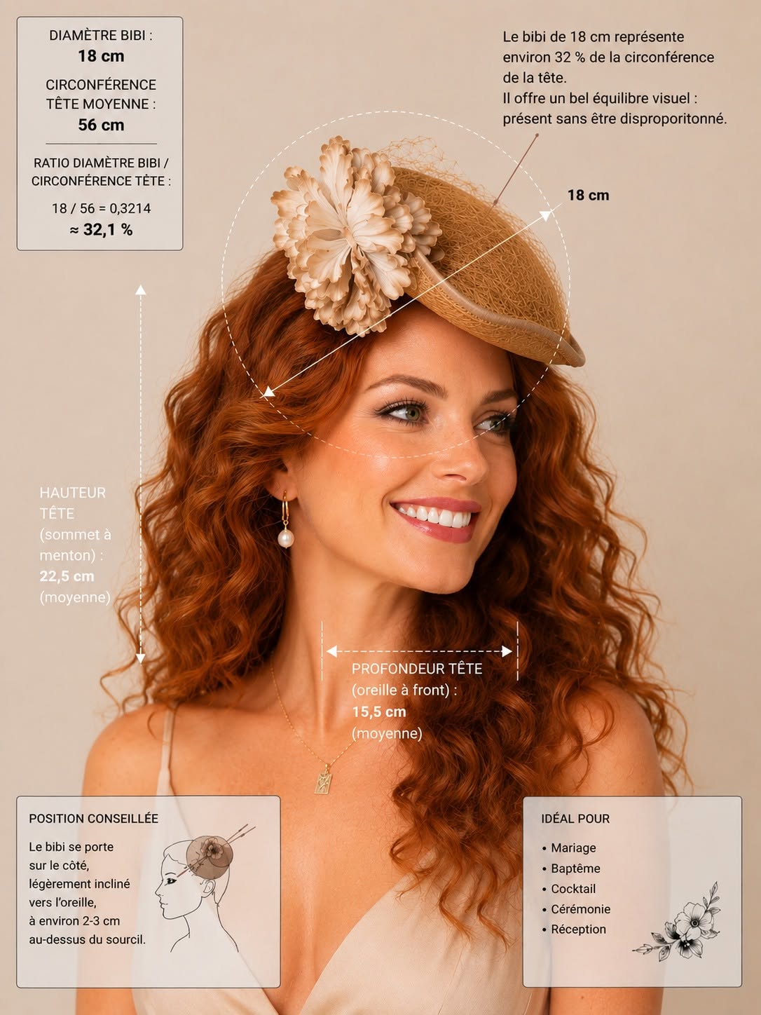 Guide visuel des proportions d'un bibi d'environ 18 cm de diamètre, illustrant son équilibre sur une tête de taille moyenne et son positionnement recommandé pour une coiffure élégante | Cap-Chapeau