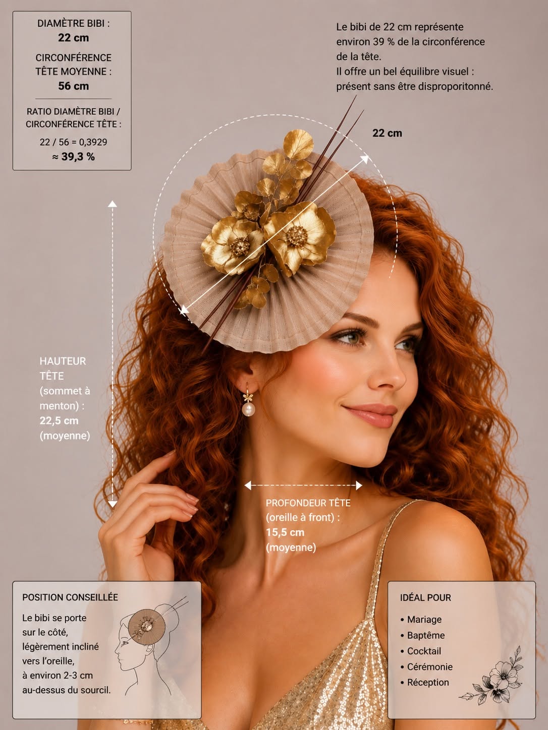Infographie présentant un bibi cheveux rose nude de 22 cm avec visualisation de ses proportions réelles sur une tête de femme et de son positionnement idéal dans la coiffure | Cap-Chapeau