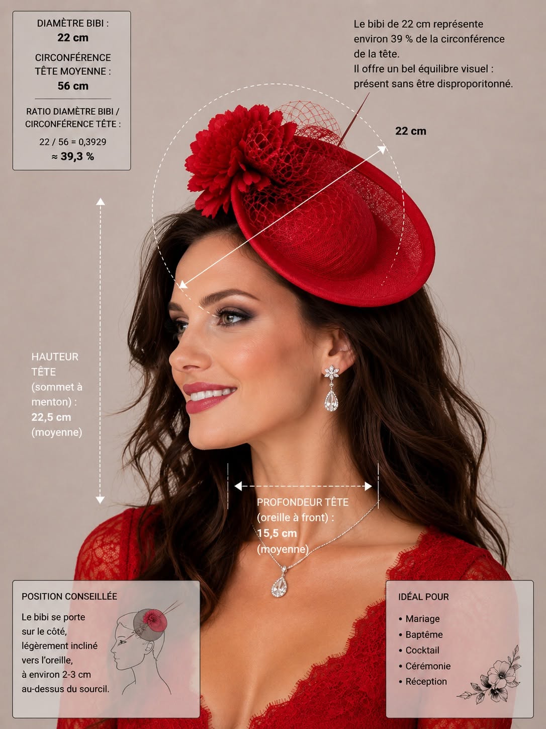 Infographie présentant un bibi cheveux rouge d'environ 18 cm avec visualisation de ses proportions sur une tête de femme et de son positionnement recommandé |  Cap-Chapeau