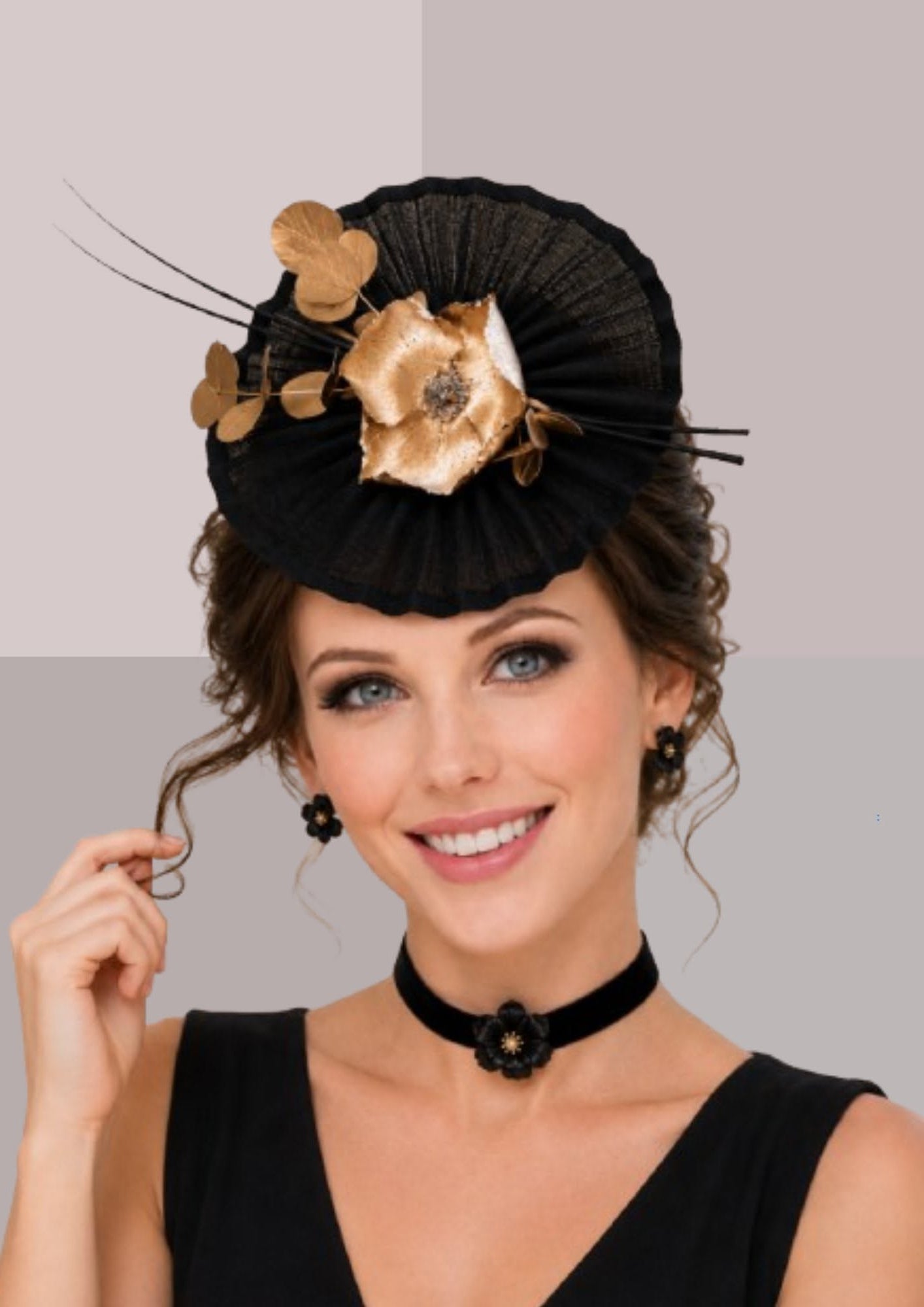 Chapeau bibi noir et doré pour mariage avec fleur métallique et feuilles d'eucalyptus | Cap-Chapeau