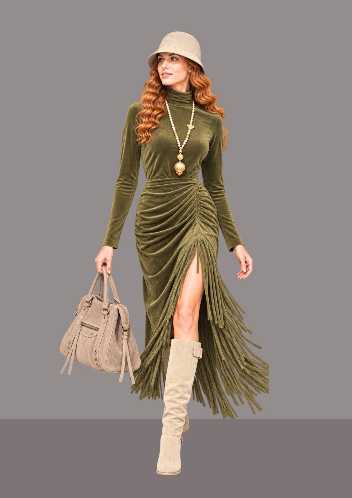 Bob femme chic beige grège chiné porté en pied, bob pour l’hiver souple et élégant associé à une tenue chic | Cap-Chapeau