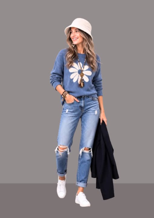 Bob femme chic blanc, porté en pied avec pull bleu et jean, bob pour l’hiver associé à une tenue casual chic | Cap-Chapeau