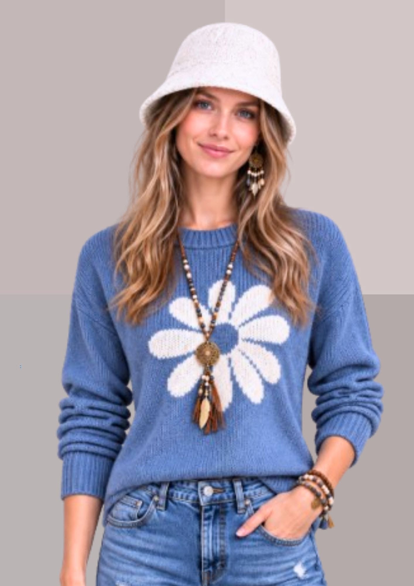 Bob femme chic blanc, porté de face avec pull bleu, forme enveloppante et matière douce idéale comme chapeau d’hiver | Cap-Chapeau
