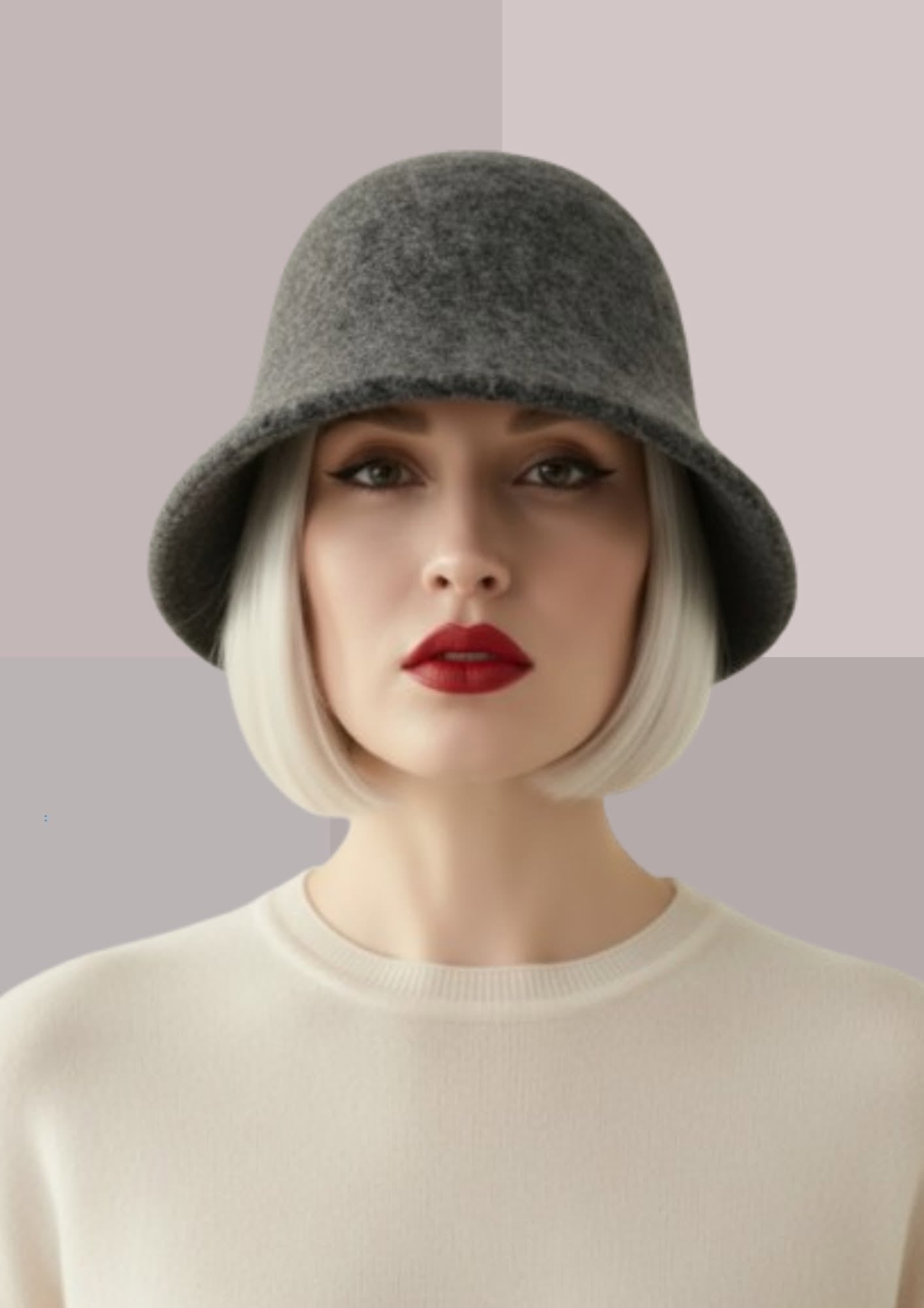 Bob femme chic gris, porté de face, volume arrondi et bord souple descendant autour du visage, allure féminine | Cap-Chapeau