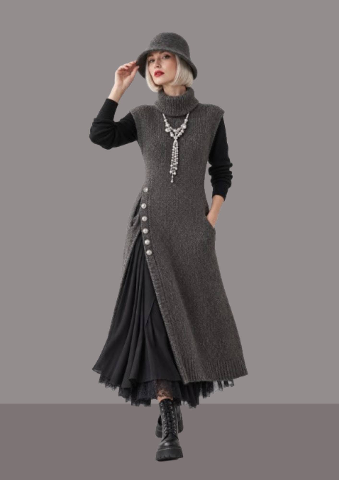 Bob femme chic gris, porté en pied, vue permettant d’apprécier les proportions du chapeau et son allure élégante | Cap-Chapeau