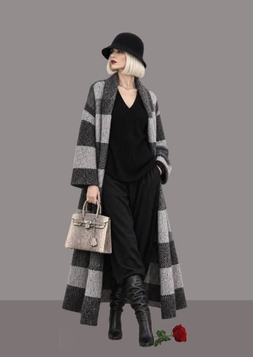 Bob femme chic noir porté en pied avec une tenue noire et grise, chapeau élégant femme pour un style urbain sophistiqué | Cap-Chapeau