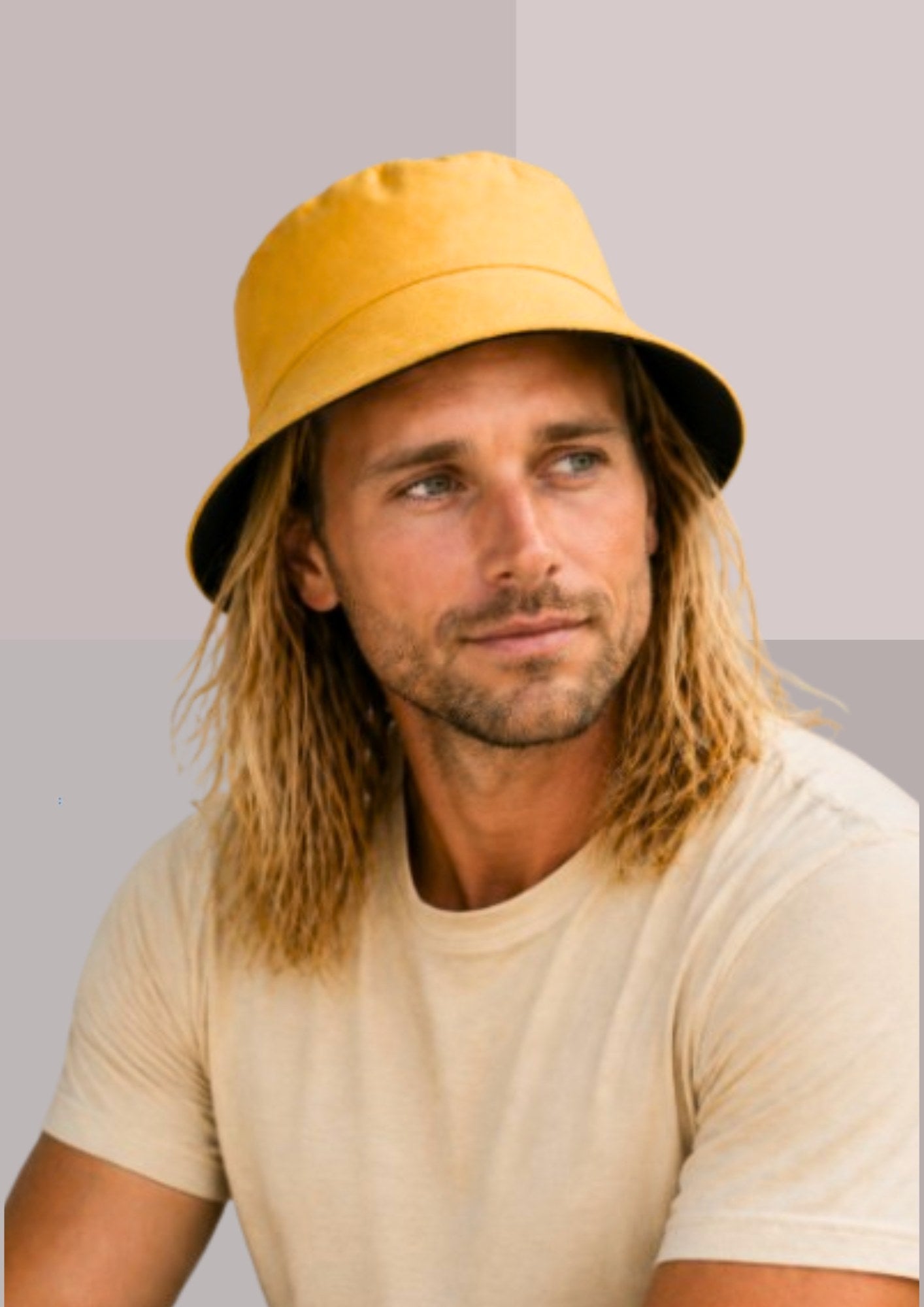 Homme cheveux longs avec bob jaune poussin interieur noir | Cap-Chapeau 