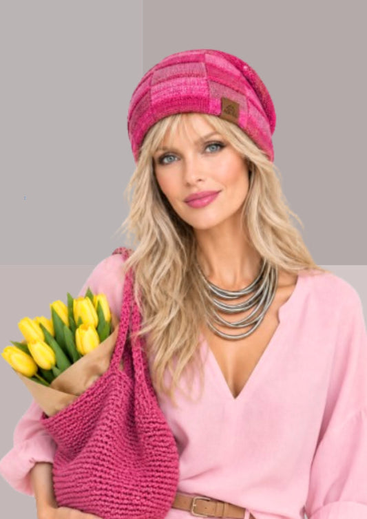 Bonnet femme doublé polaire magenta fuchsia en maille épaisse | Cap-Chapeau