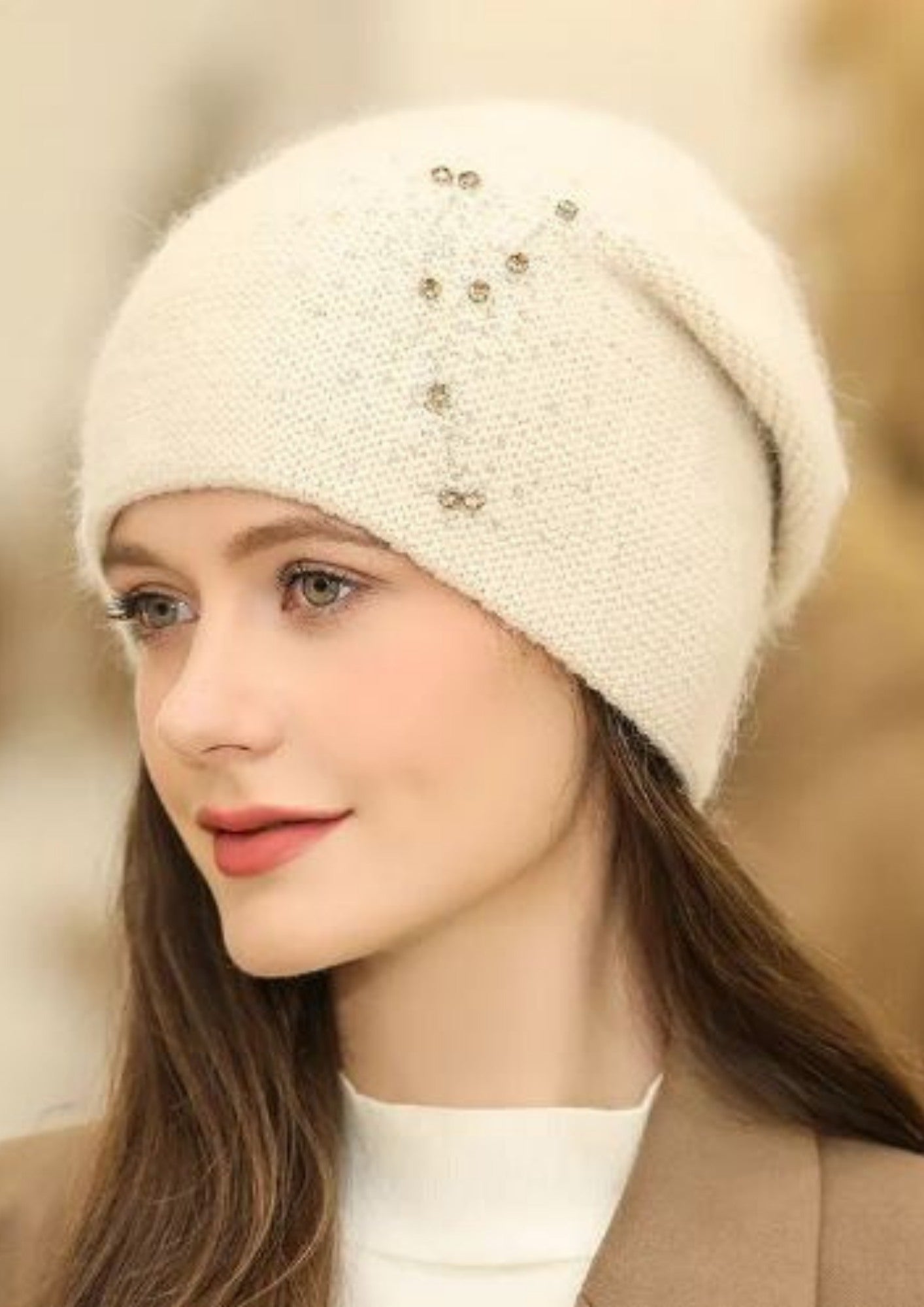 Casquette,béret thermique pour femme,bonnet en tricot,chaud,perle