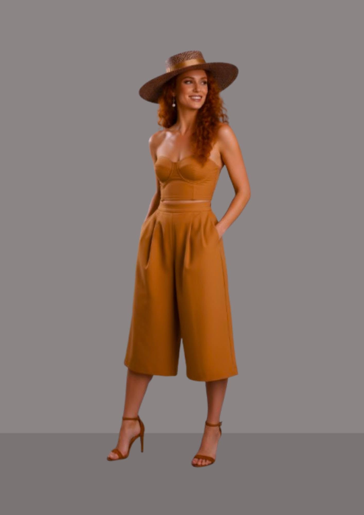 Chapeau andalou femme marron glacé associé à un pantalon  short chic pour une élégance naturelle en ville | Cap-Chapeau