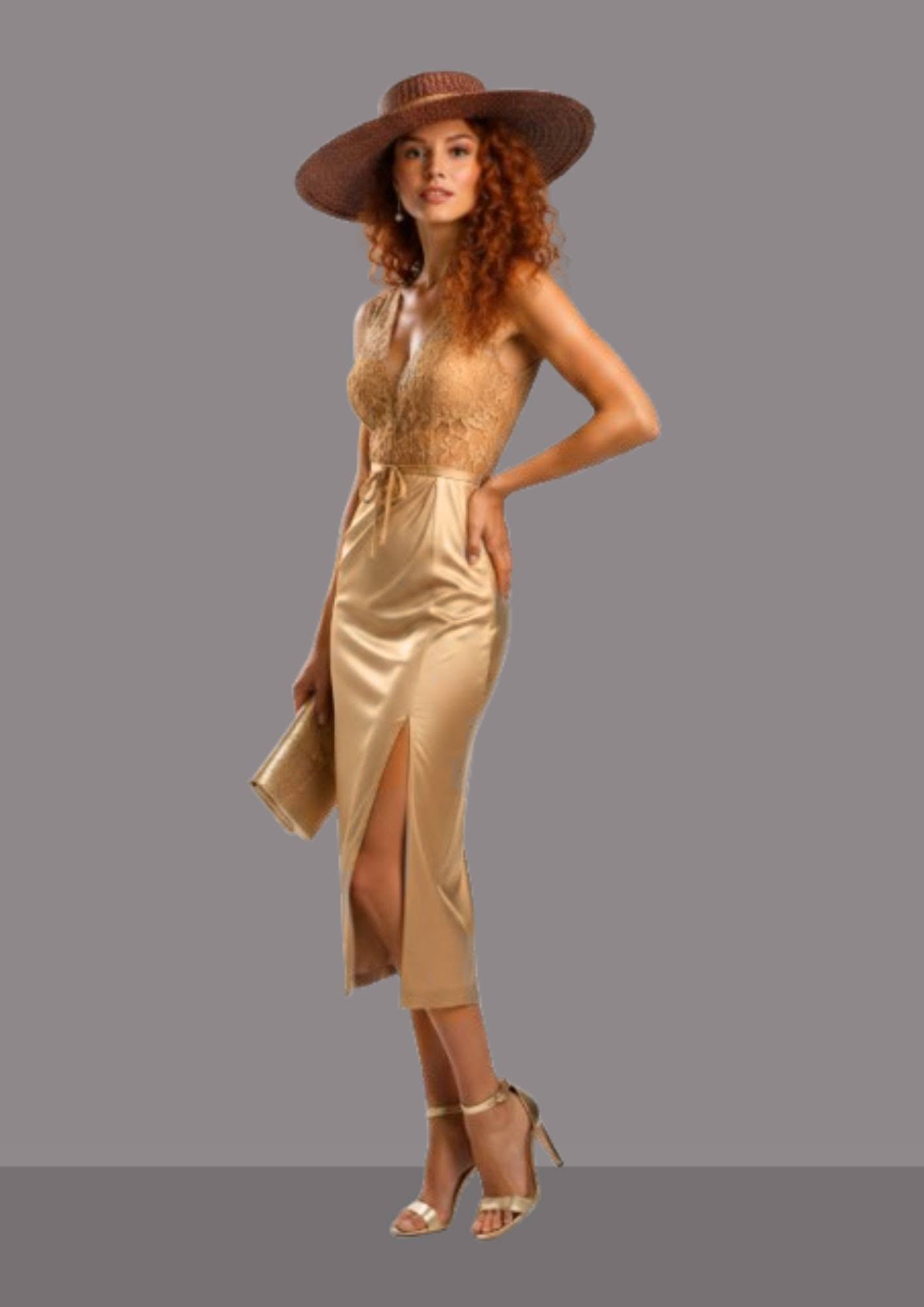 Chapeau andalou femme orange brûlée porté avec une robe élégante pour un mariage, une réception ou un baptême | Cap-Chapeau