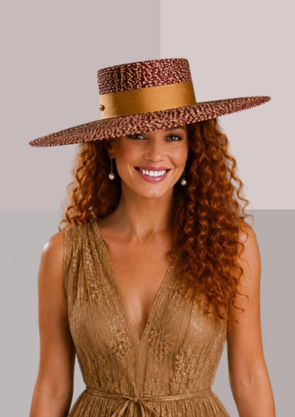 Chapeau andalou femme orange brûlée porté de face, authentique canotier sévillan fabriqué en Espagne | Cap-Chapeau