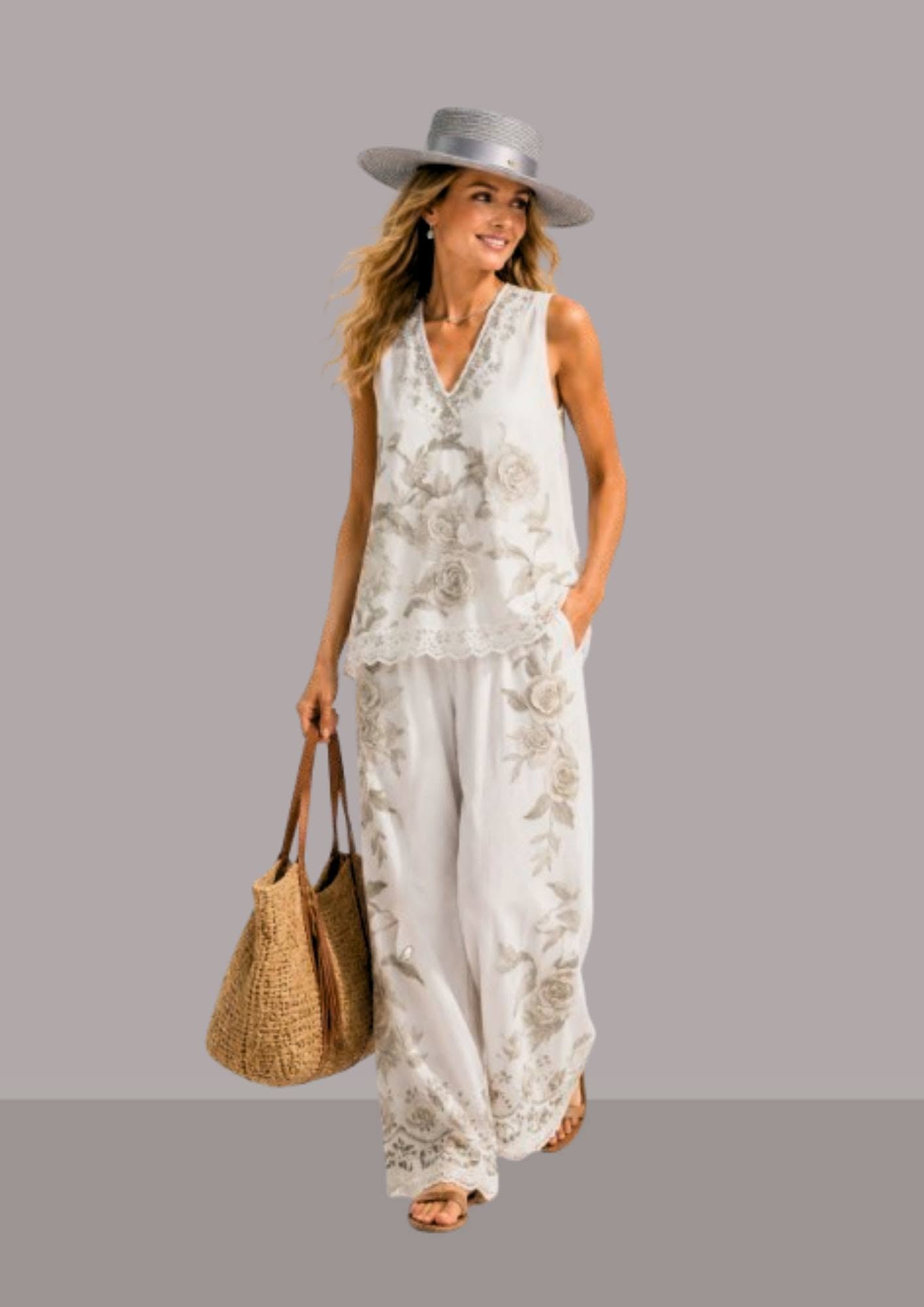 Chapeau andalou femme gris perle porté avec un ensemble blanc à motifs gris et un sac tressé | Cap-Chapeau