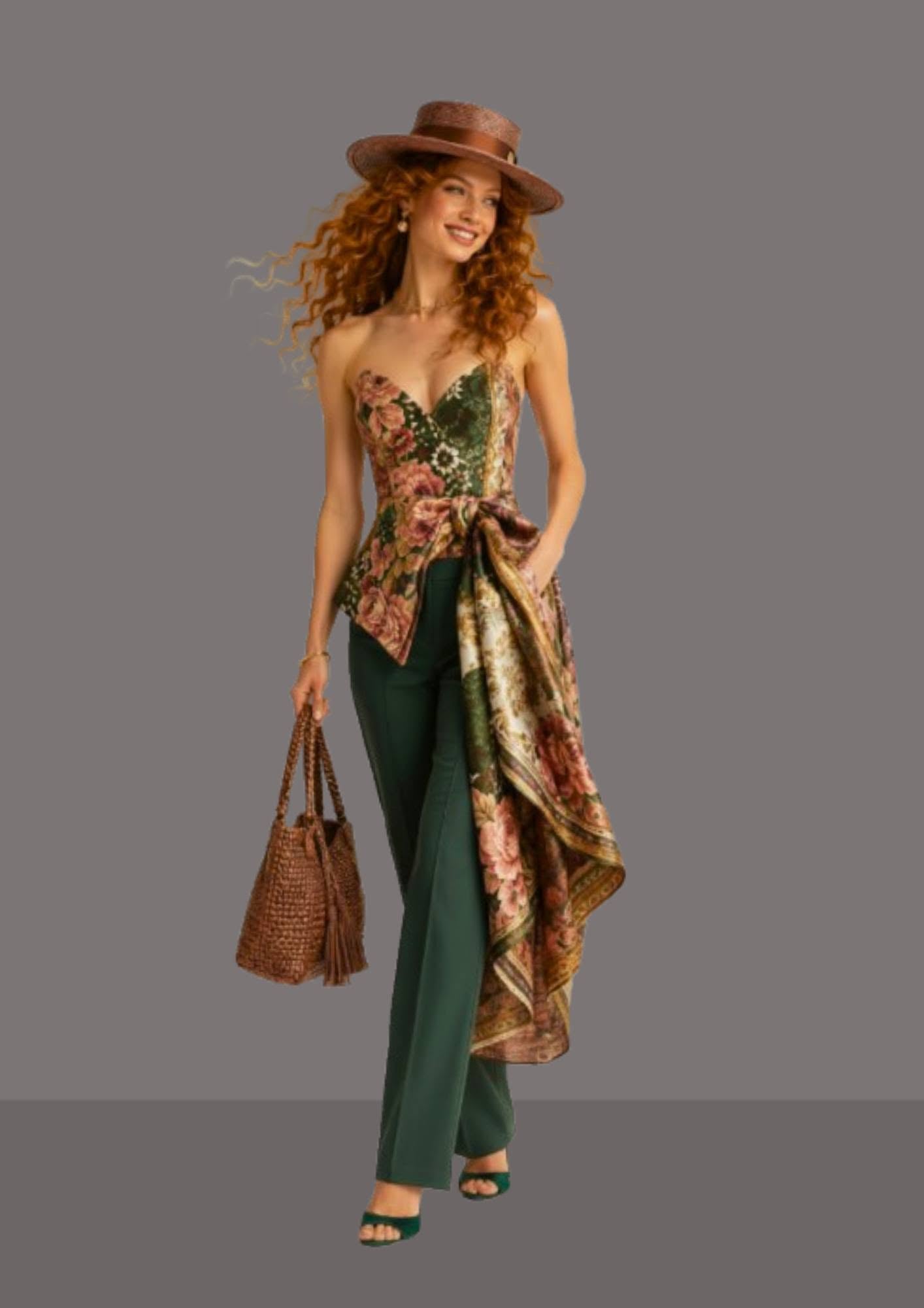 Chapeau andalou femme Chocolat porté avec un bustier de reception et un pantalon vert | Cap-Chapeau
