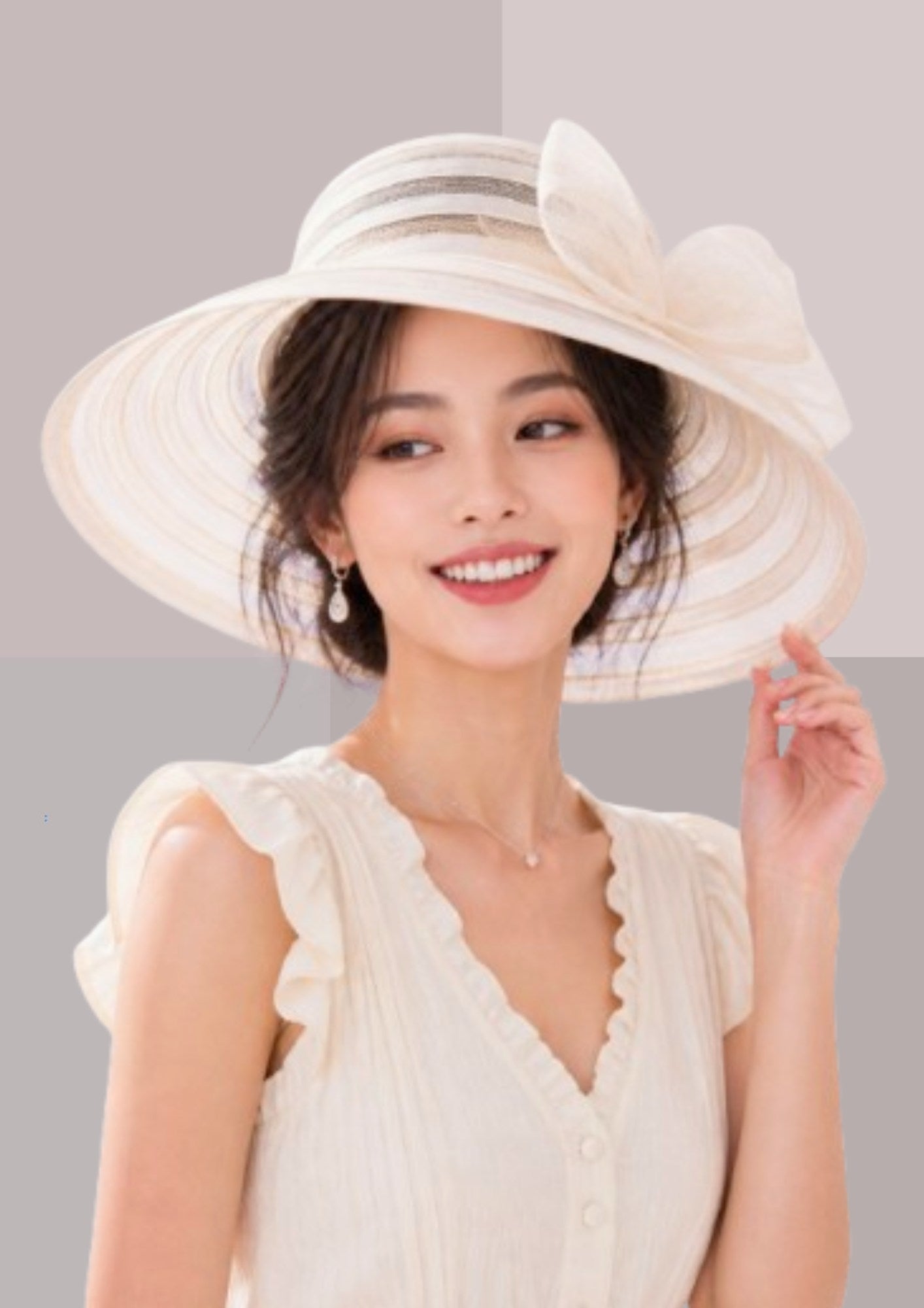 jeune femme asiatique portant robe à volants et capeline blanche | Cap-Chapeau