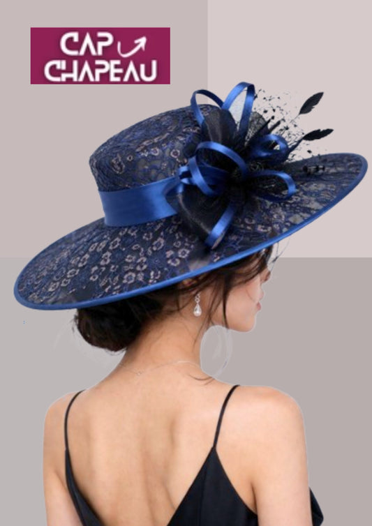 Chapeau de réception mariage ou derby en organza bleu marine pour femme teint hiver en colorimétrie | Cap-Chapeau
