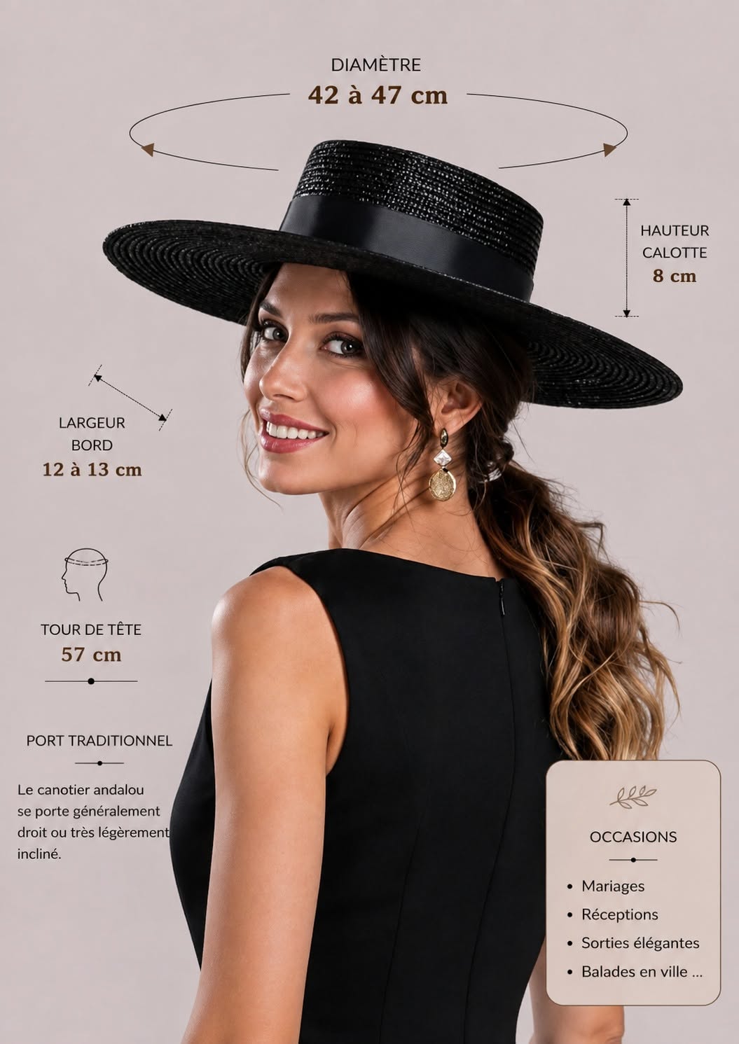 Dimensions du chapeau andalou femme noir : diamètre, largeur des bords, hauteur de calotte et tour de tête | Cap-Chapeau