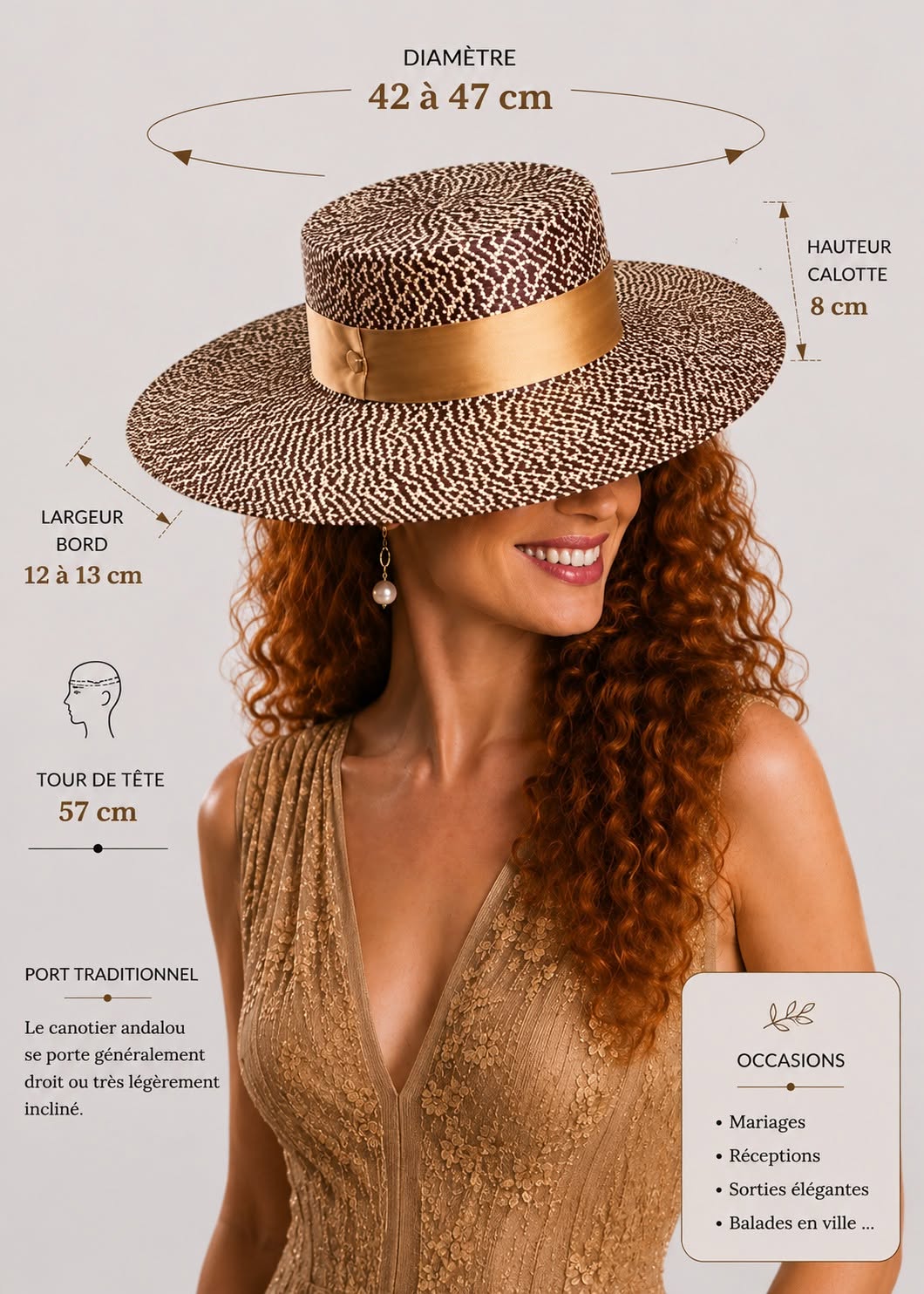 Infographie des dimensions du chapeau andalou femme marron glacé  et gros grain orange brûléel | Cap-Chapeau