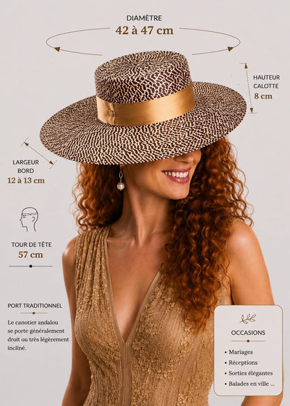 Infographie des dimensions du chapeau andalou femme marron glacé  et gros grain orange brûléel | Cap-Chapeau