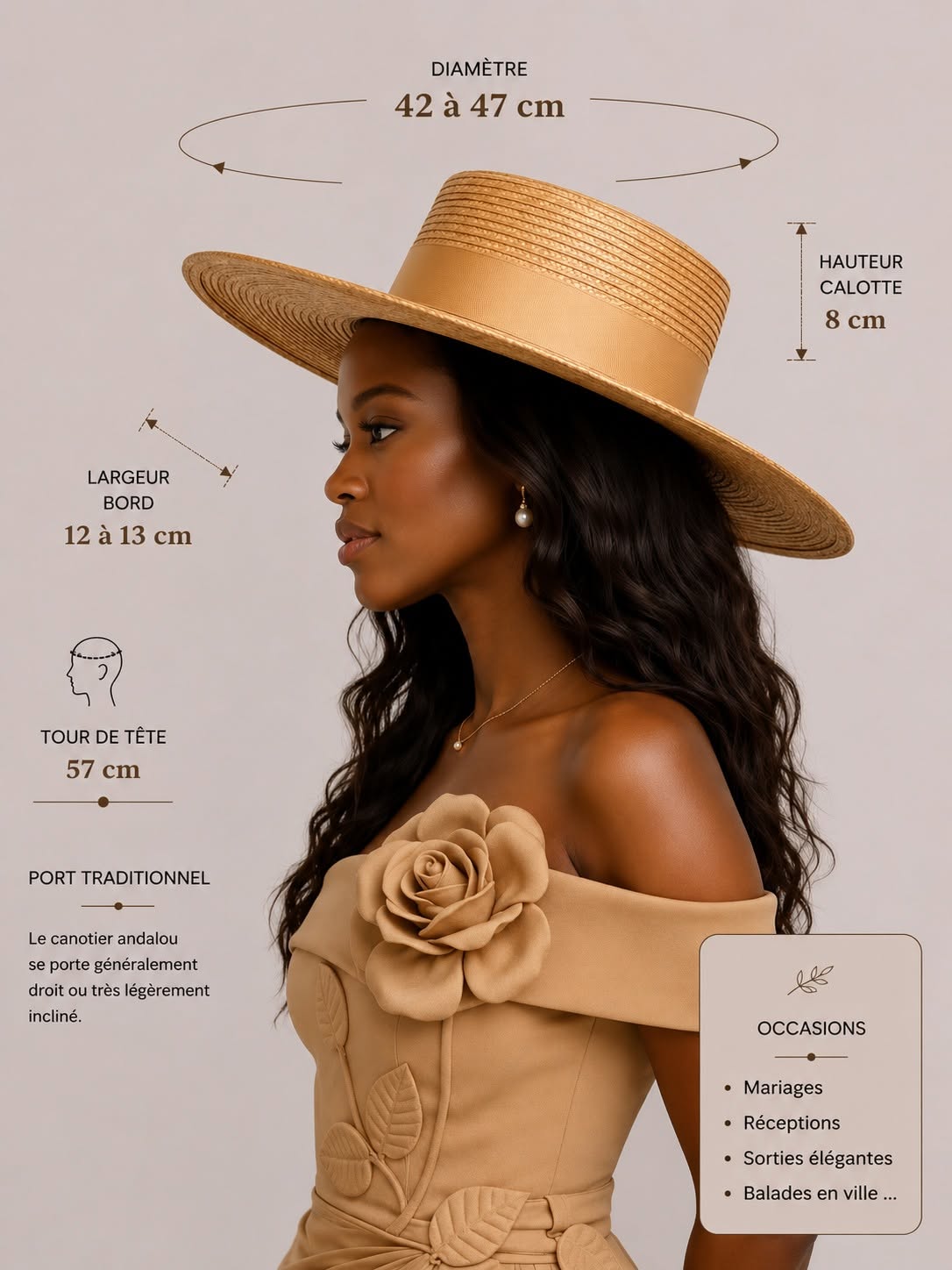 Dimensions du chapeau andalou femme caramel, véritable chapeau de soleil aux larges bords | Cap-Chapeau
