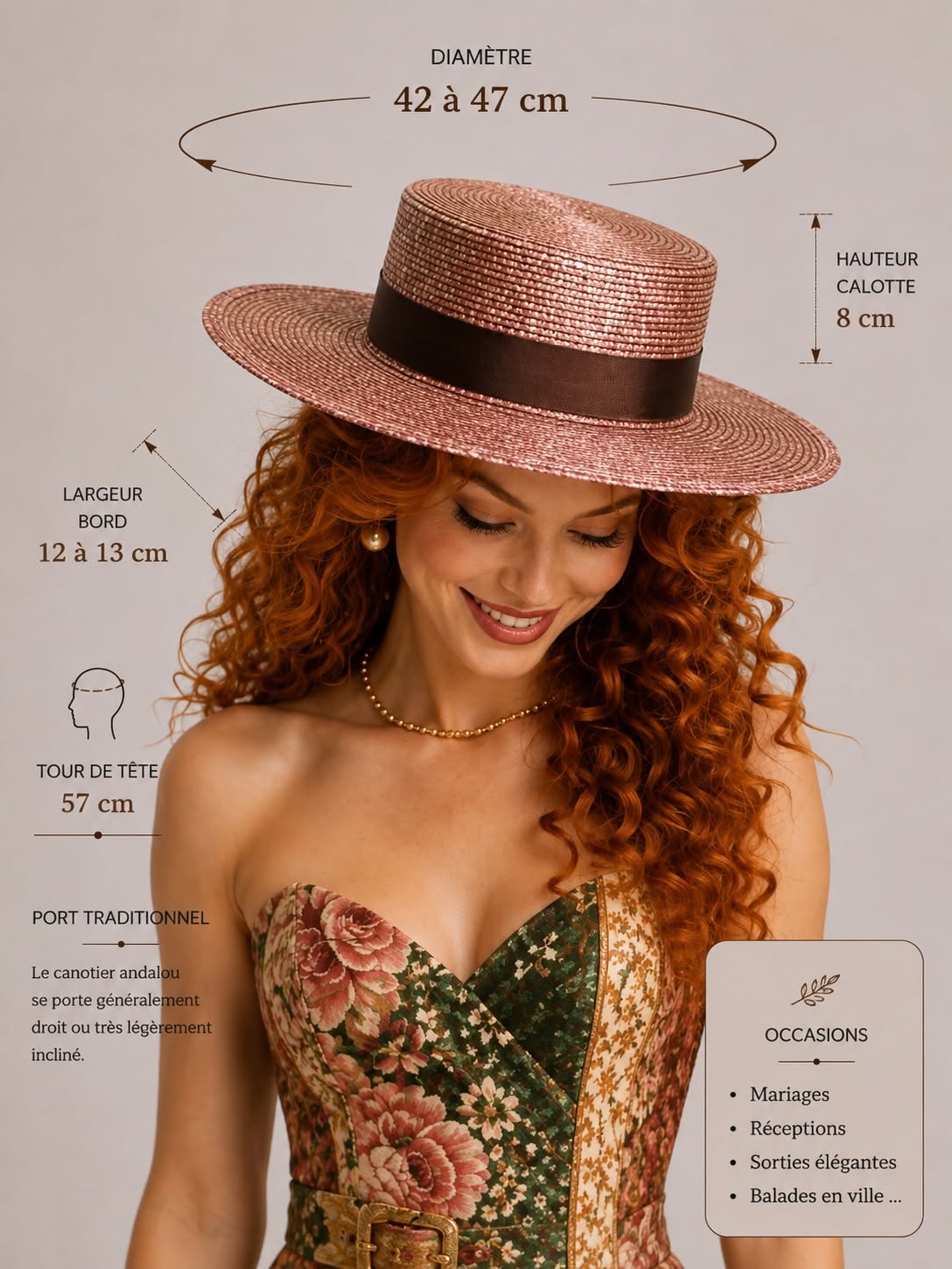 Dimensions et proportions du chapeau andalou femme Chocolat portées sur une silhouette féminine | Cap-Chapeau