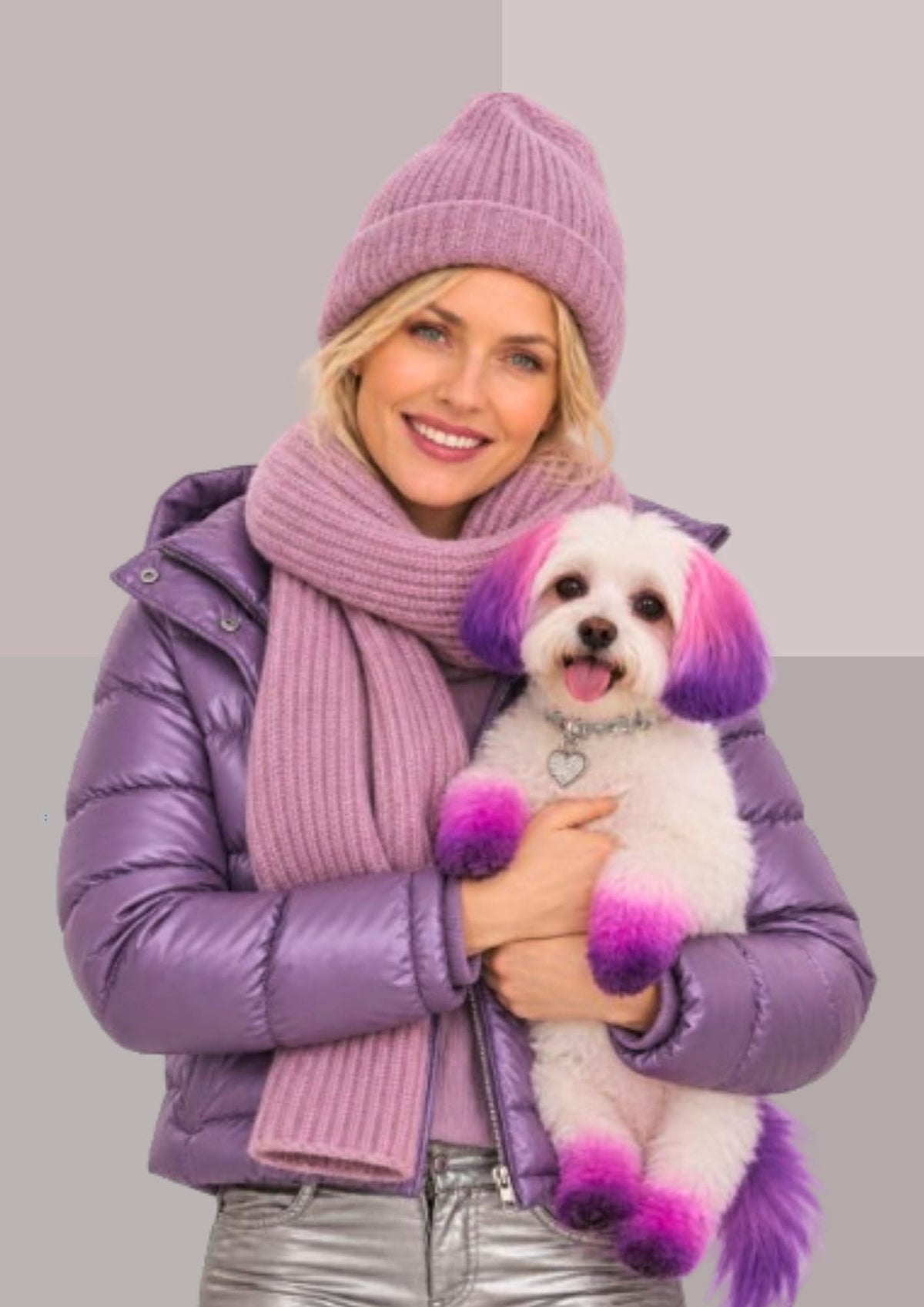 Écharpe et bonnet mauve orchidée pâle, portés de face par une femme souriante tenant dans ses bras son petit chien rigolo | Cap-Chapeau