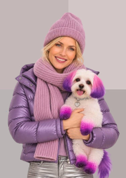 Écharpe et bonnet mauve orchidée pâle, portés de face par une femme souriante tenant dans ses bras son petit chien rigolo | Cap-Chapeau