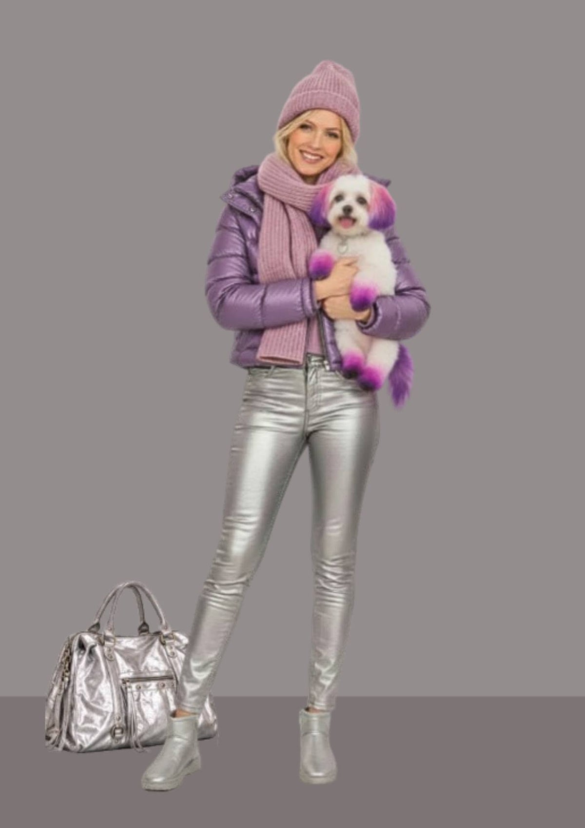 Écharpe et bonnet mauve orchidée pâle, portés en pied avec pantalon argent, boots plates et grand sac métallisé, accompagnés d'un petit chien coloré | Cap-Chapeau
