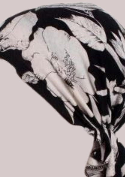 Foulard cheveux chimio fleurs noir et blanc | Cap-Chapeau