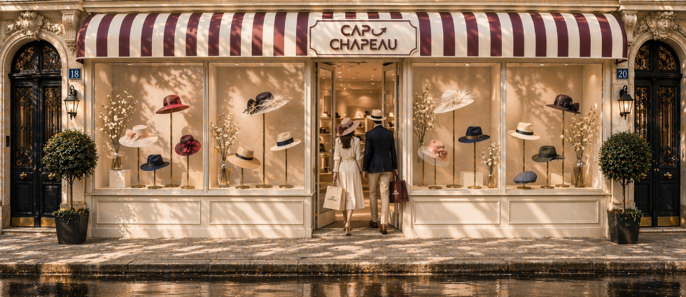 Vitrines ensoleillées de la boutique de chapeaux Cap Chapeau, avec des clients  qui entrent
