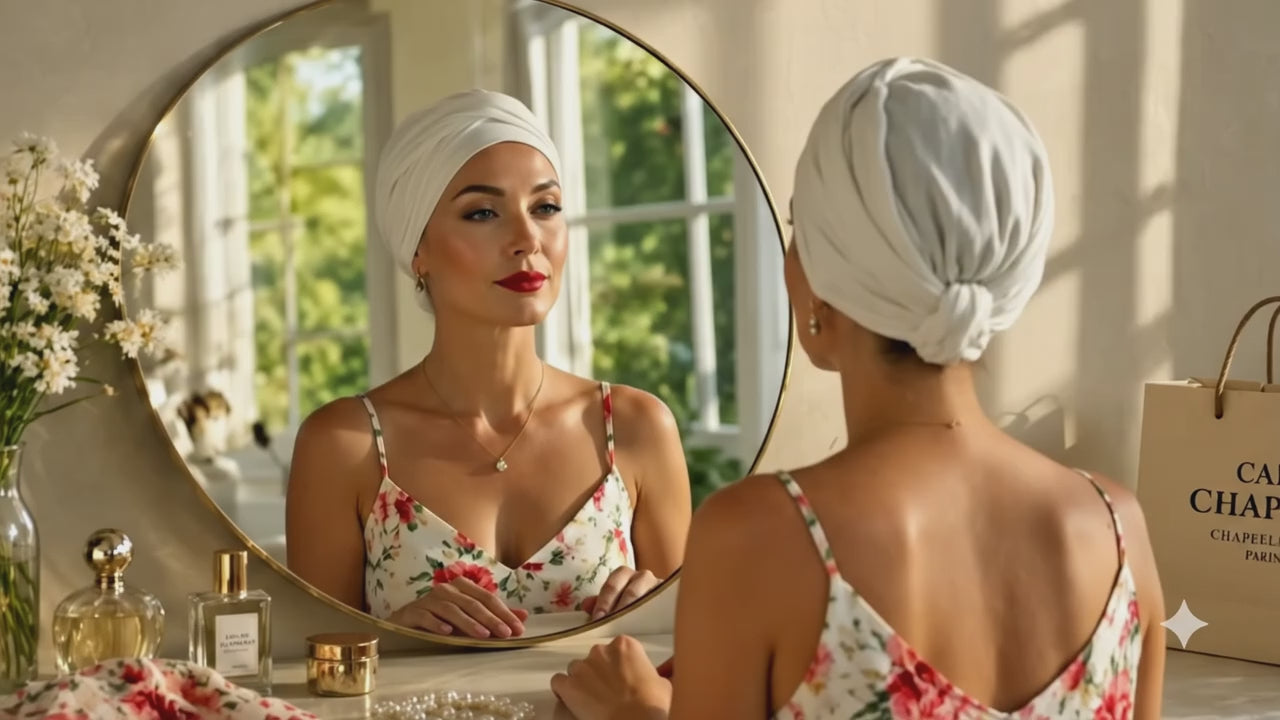 Charger la vidéo : Turban sous chapeau femme pour chimiothérapie. Solution élégante et féminine pour les femmes confrontées à la perte de cheveux souhaitant conserver leur style et leur confiance en elles.
