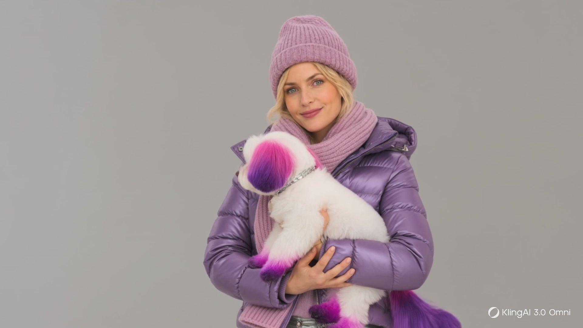 Charger la vidéo : Vidéo montrant une femme en hiver, avec un ensemble bonnet et écharpe et un joli chien dans les bras | Cap-Chapeau